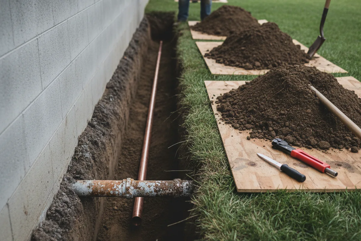 Excavated water line trench during Sewer Line Repair in Kipling